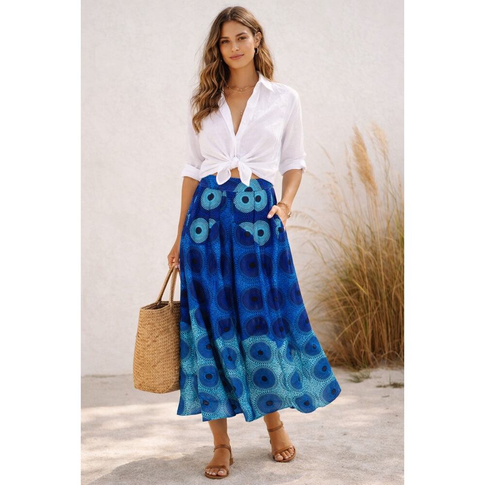 Francis + Benedict African Print High Waisted A-Line Midi Skirt Blue Women's XS